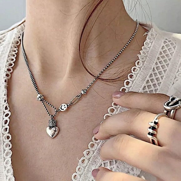 Sterling Silver Happy Face Heart Charm Charm Pendant Necklace - Picture 4 of 11